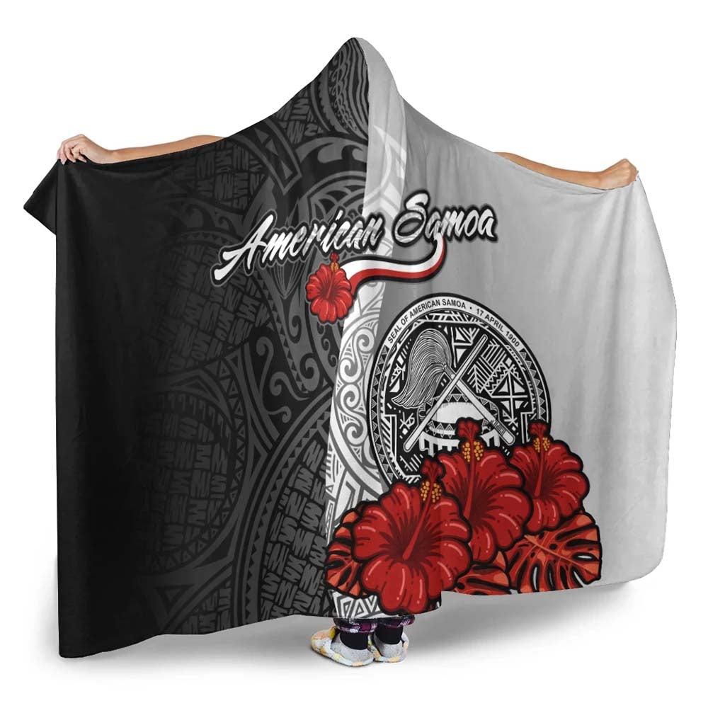 American Samoa Polynesian Hooded Blanket- Coat Of Arm With Hibiscus White-Myprintsy