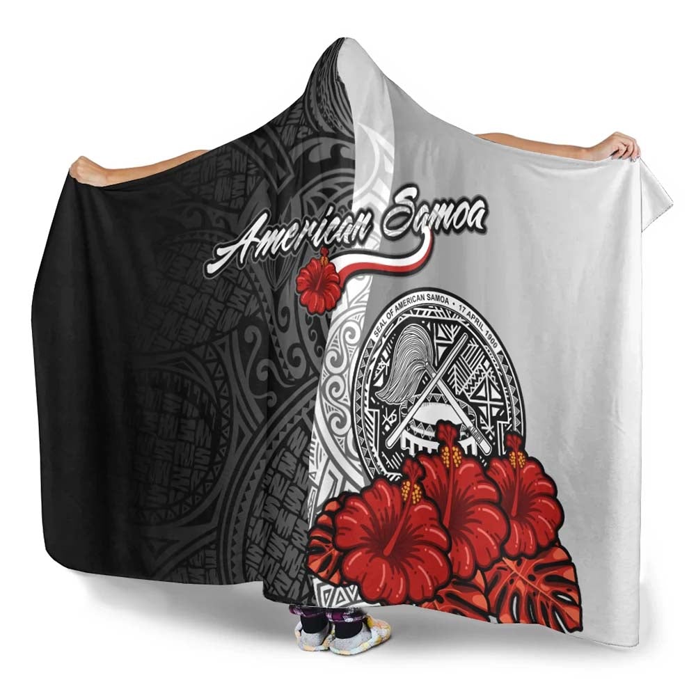 American Samoa Polynesian Hooded Blanket- Coat Of Arm With Hibiscus White-Myprintsy