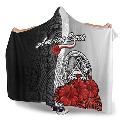 American Samoa Polynesian Hooded Blanket- Coat Of Arm With Hibiscus White-Myprintsy