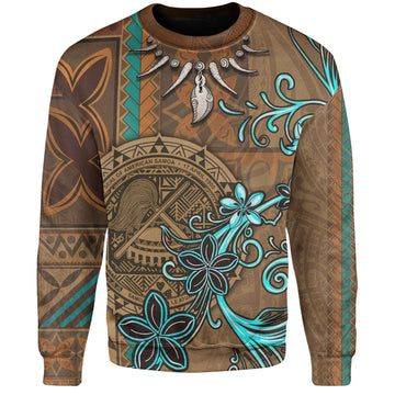 American Samoa Sweatshirt Polynesian Pattern Motif And Teal Boar Tusk-Myprintsy