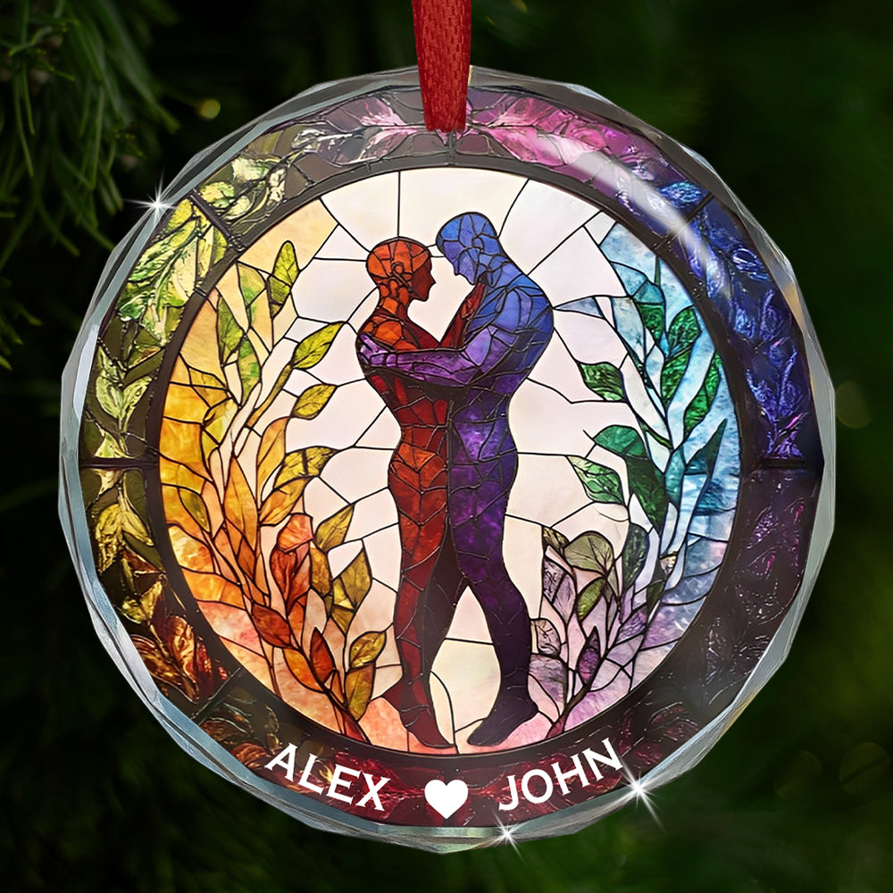Attractive Strong Gay, Two Males Holding Hands - Personalized Circle Glass Ornament-Myprintsy