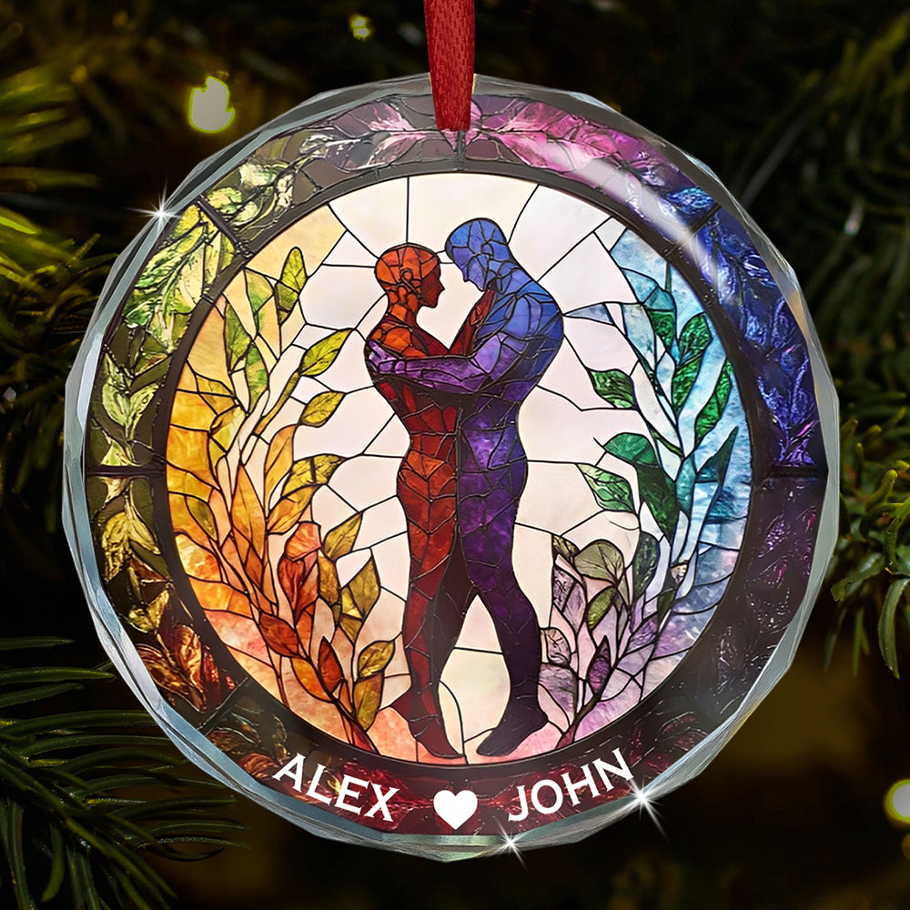 Attractive Strong Gay, Two Males Holding Hands - Personalized Circle Glass Ornament-Myprintsy