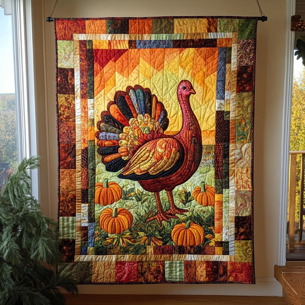 Autumn Magic Turkey Quilted Blanket PD VTQ-Myprintsy