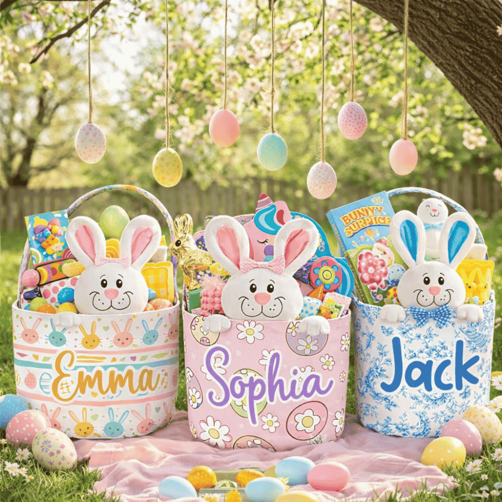 Basket for Kids – Custom Name Bunny Easter Basket Gift for Boys & Girls - Personalized Easter Basket-Myprintsy