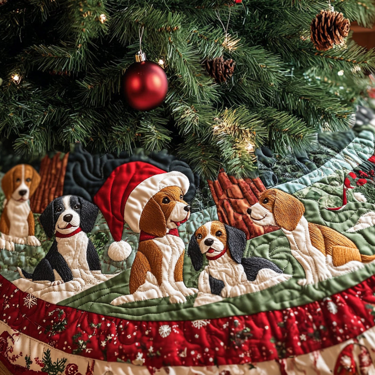 Beagle Jingle Paws Quilted Christmas Tree Skirt-Myprintsy