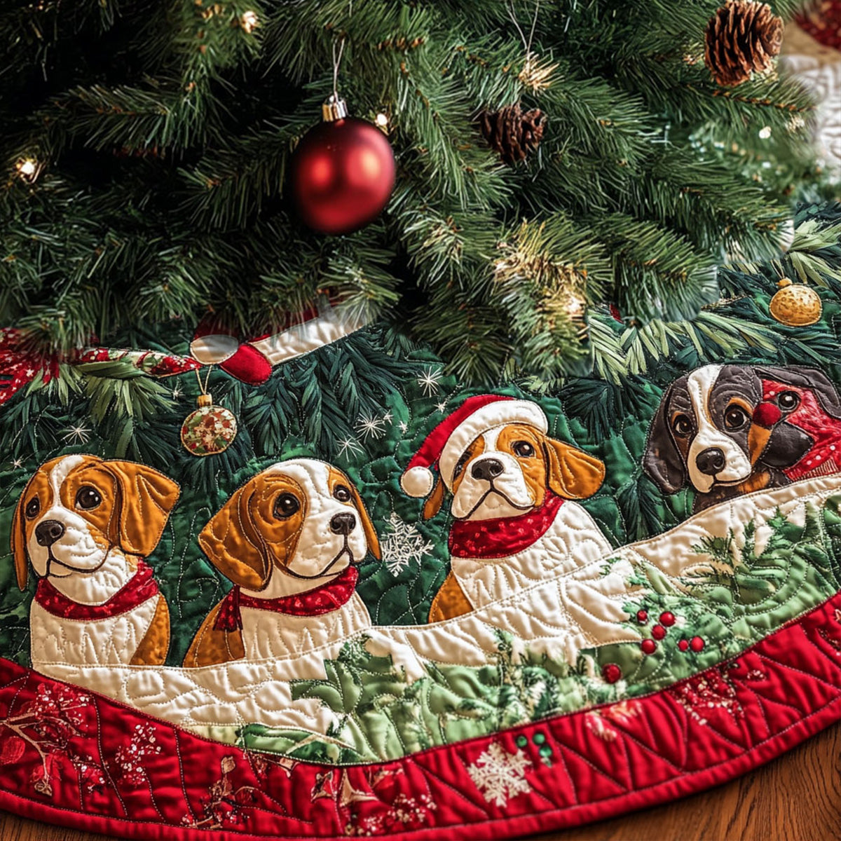 Beagle Joy Parade Quilted Christmas Tree Skirt-Myprintsy