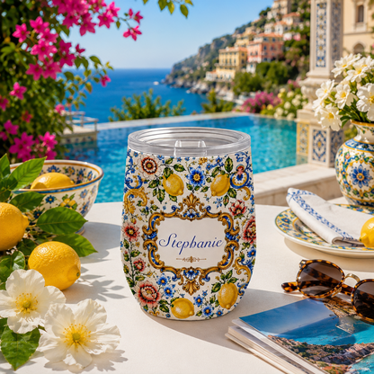 Mediterranean Style - Personalized Majolica Print Wine Tumbler - Travelling Tumbler