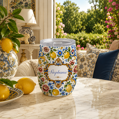Mediterranean Style - Personalized Majolica Print Wine Tumbler - Travelling Tumbler