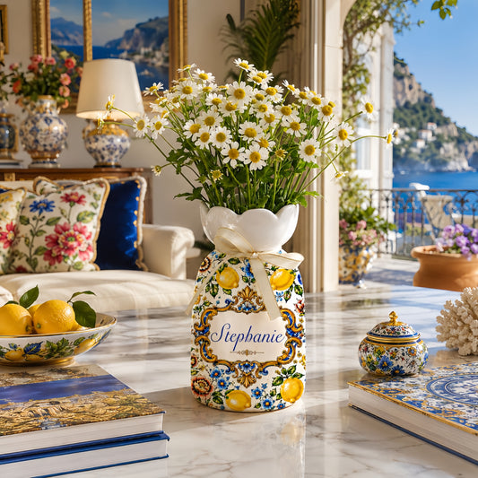 Mediterranean Style & Majolica Print Blue Lemon - Personalized Flower Ceramic - Gift For Home Decor