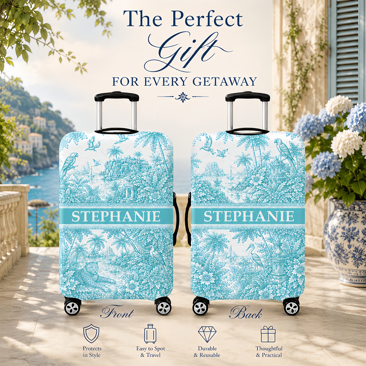 French Riviera Collection & Toile De Jouy Pattern Aquamarina - Personalized Luggage Cover