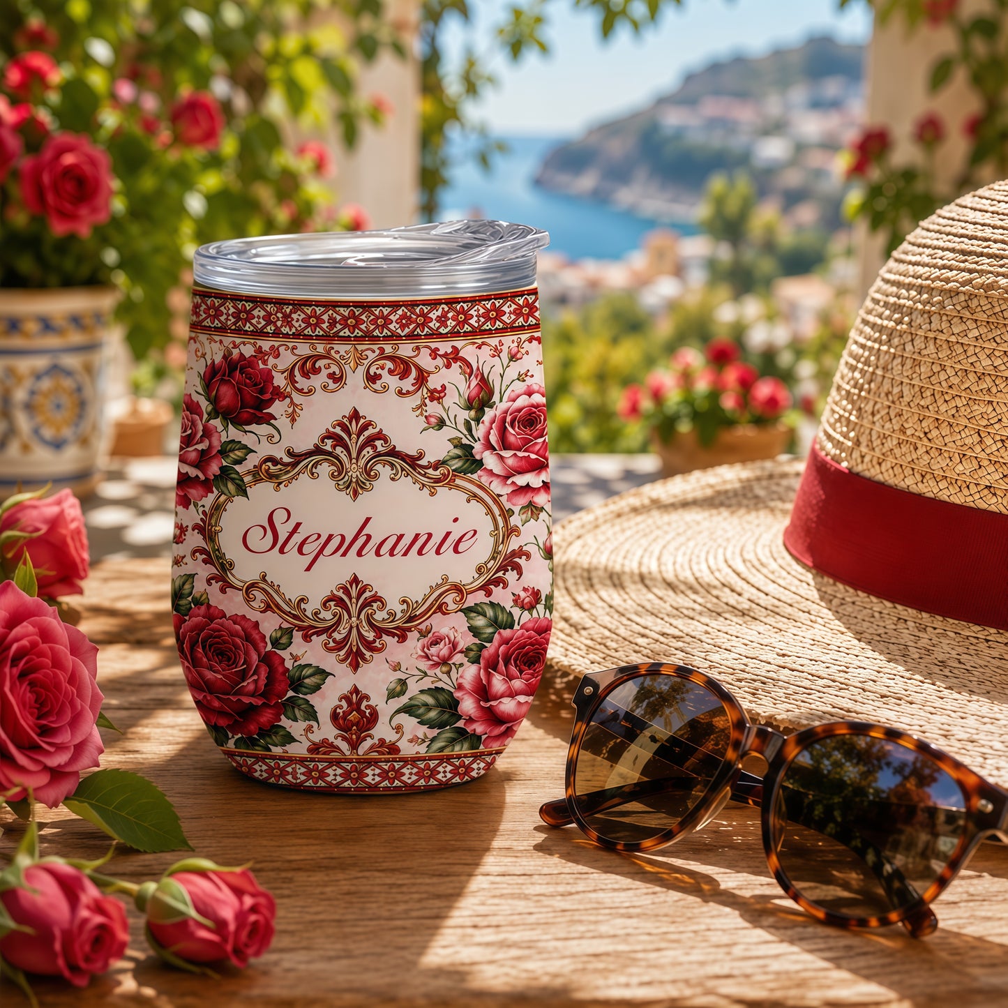 Mediterranean Style & Majolica Print Royal Red Rose - Personalized Wine Tumbler