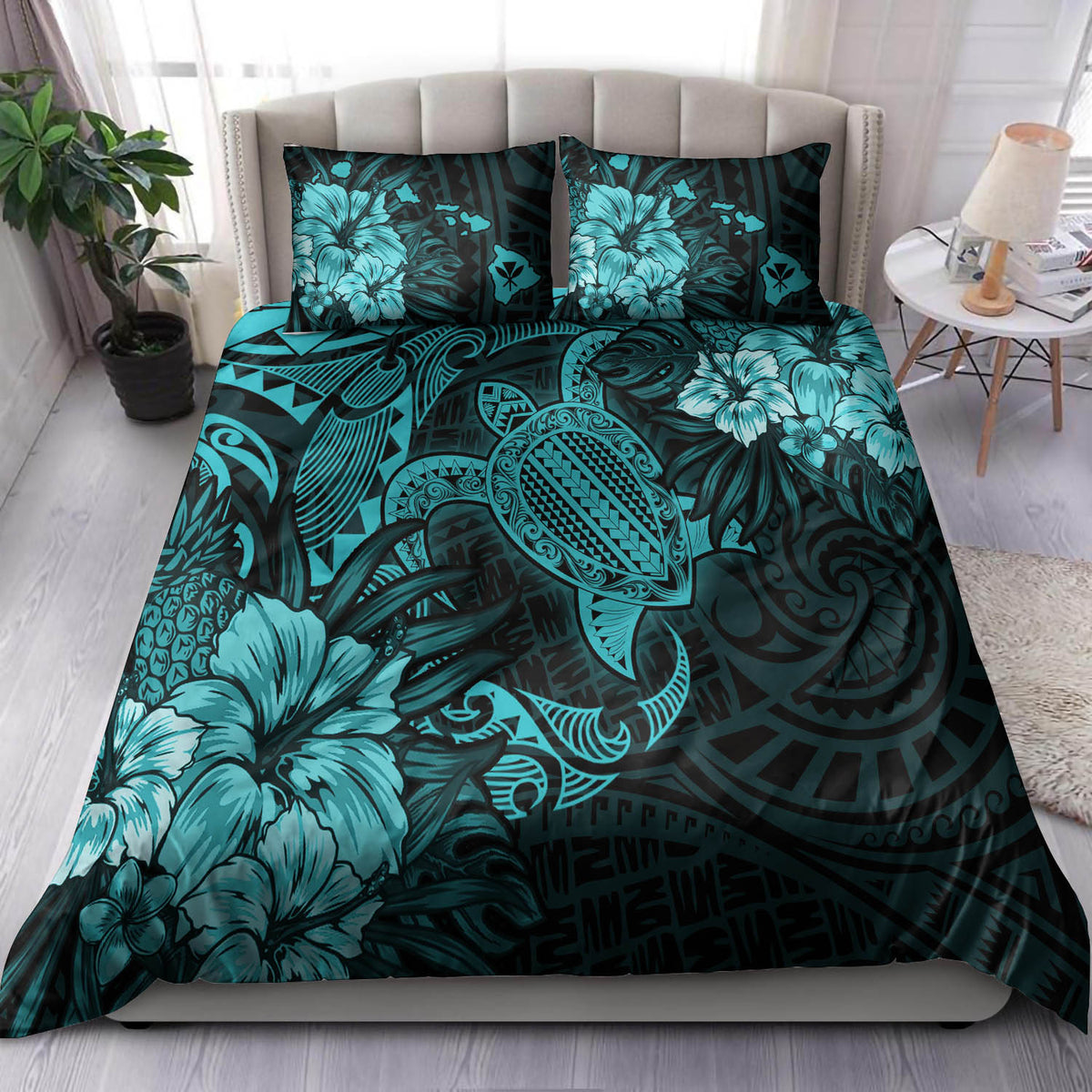 Hawaii Bedding Set - Hawaii Polynesian Turtle Tropical Turquoise Bedding Set