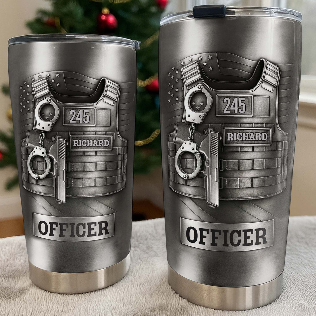 Beloved Officer Personalized Tumbler With Police Badge, Handcuffs, Pistol-Myprintsy