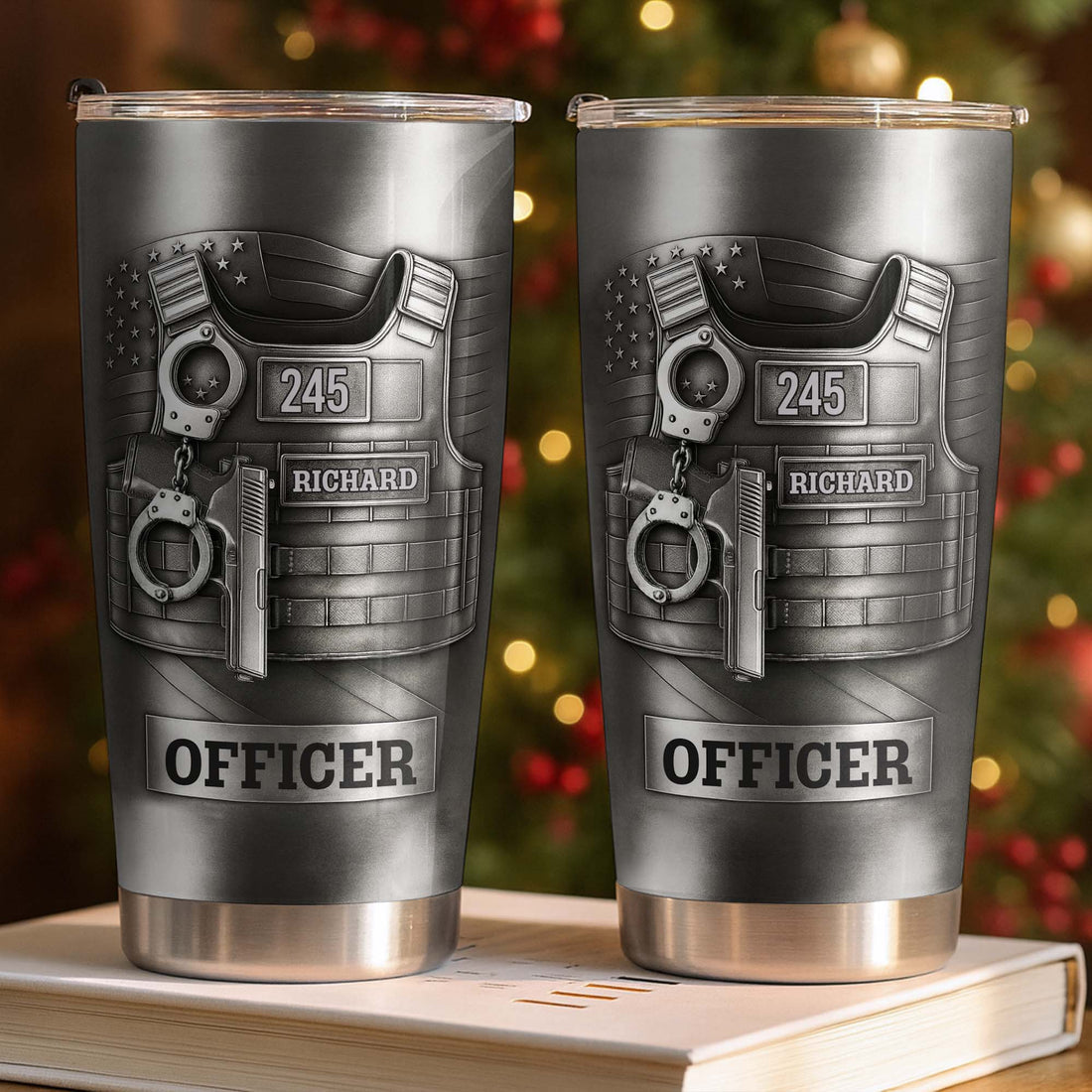Beloved Officer Personalized Tumbler With Police Badge, Handcuffs, Pistol-Myprintsy