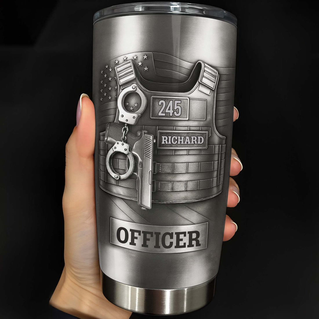 Beloved Officer Personalized Tumbler With Police Badge, Handcuffs, Pistol-Myprintsy