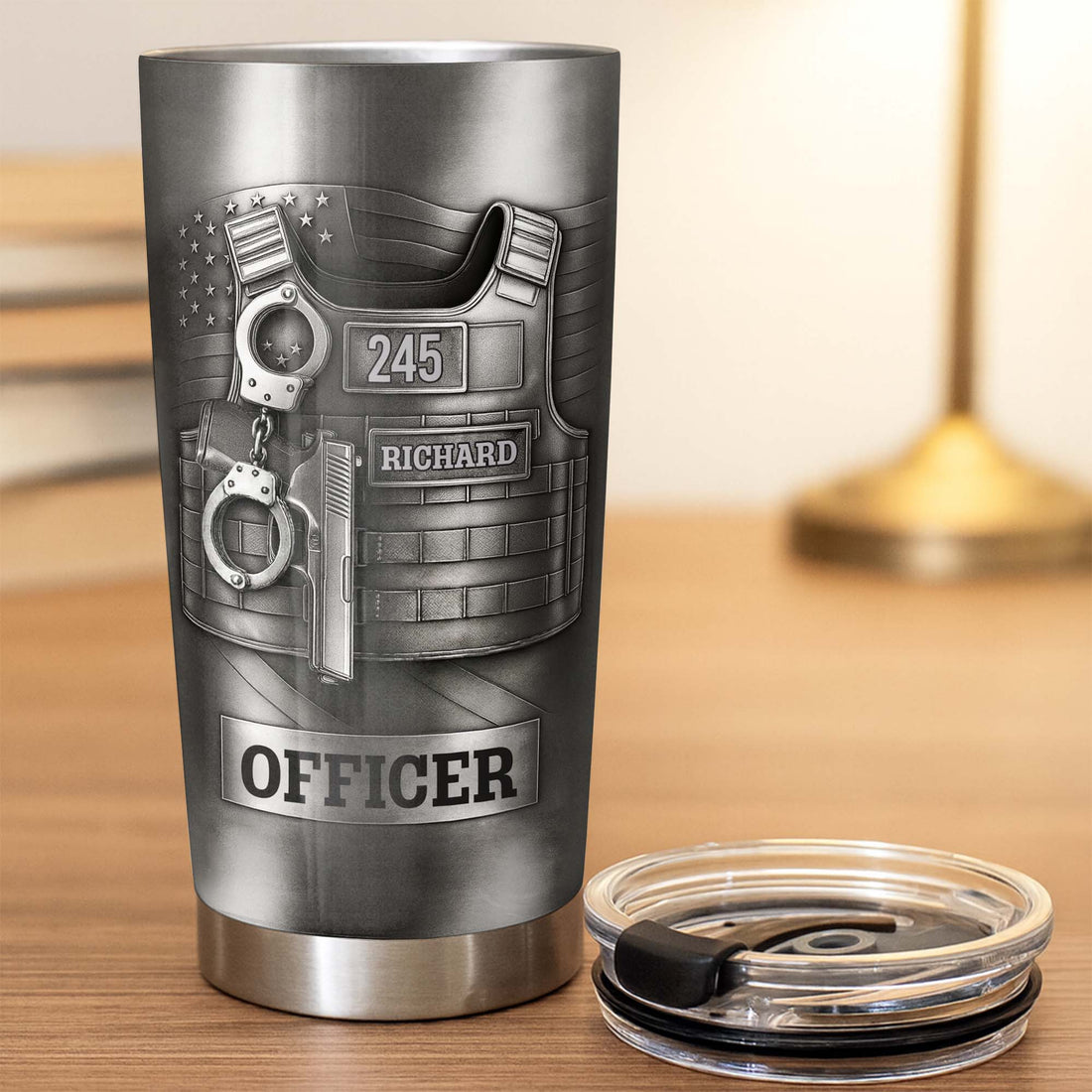 Beloved Officer Personalized Tumbler With Police Badge, Handcuffs, Pistol-Myprintsy