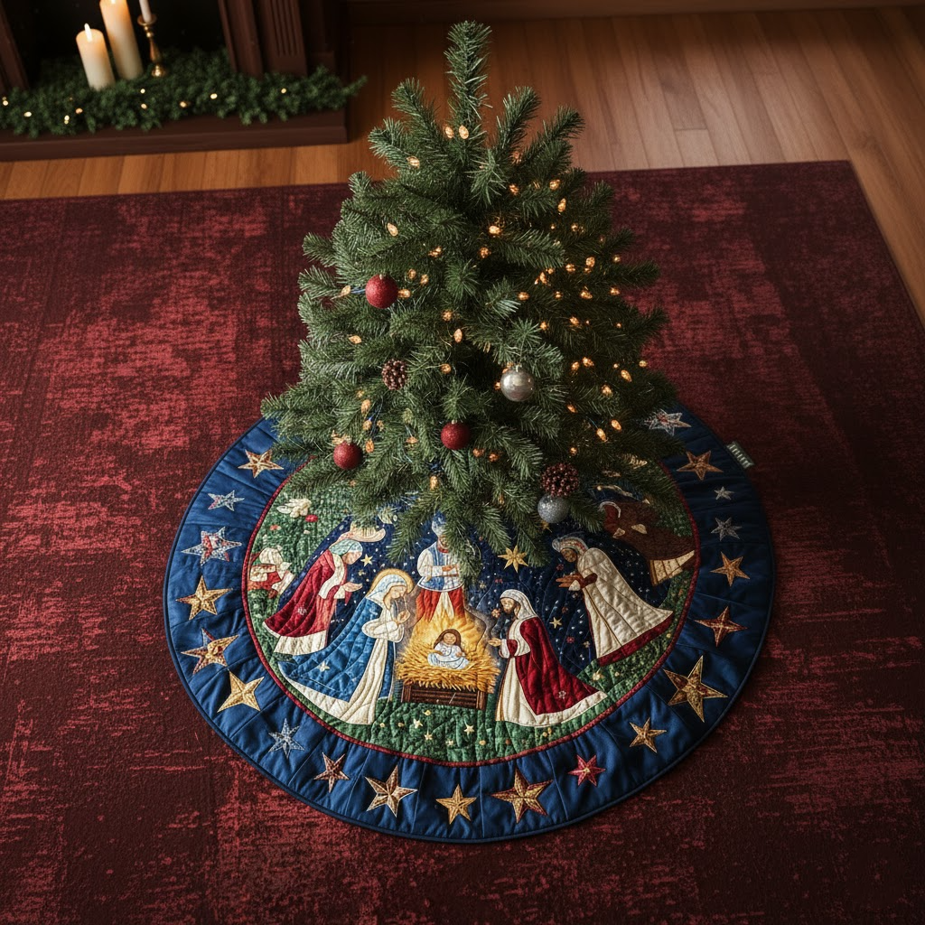 Bethlehem Peace Christmas Quilted Tree Skirt-Myprintsy