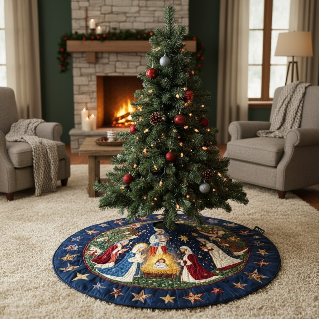 Bethlehem Peace Christmas Quilted Tree Skirt-Myprintsy
