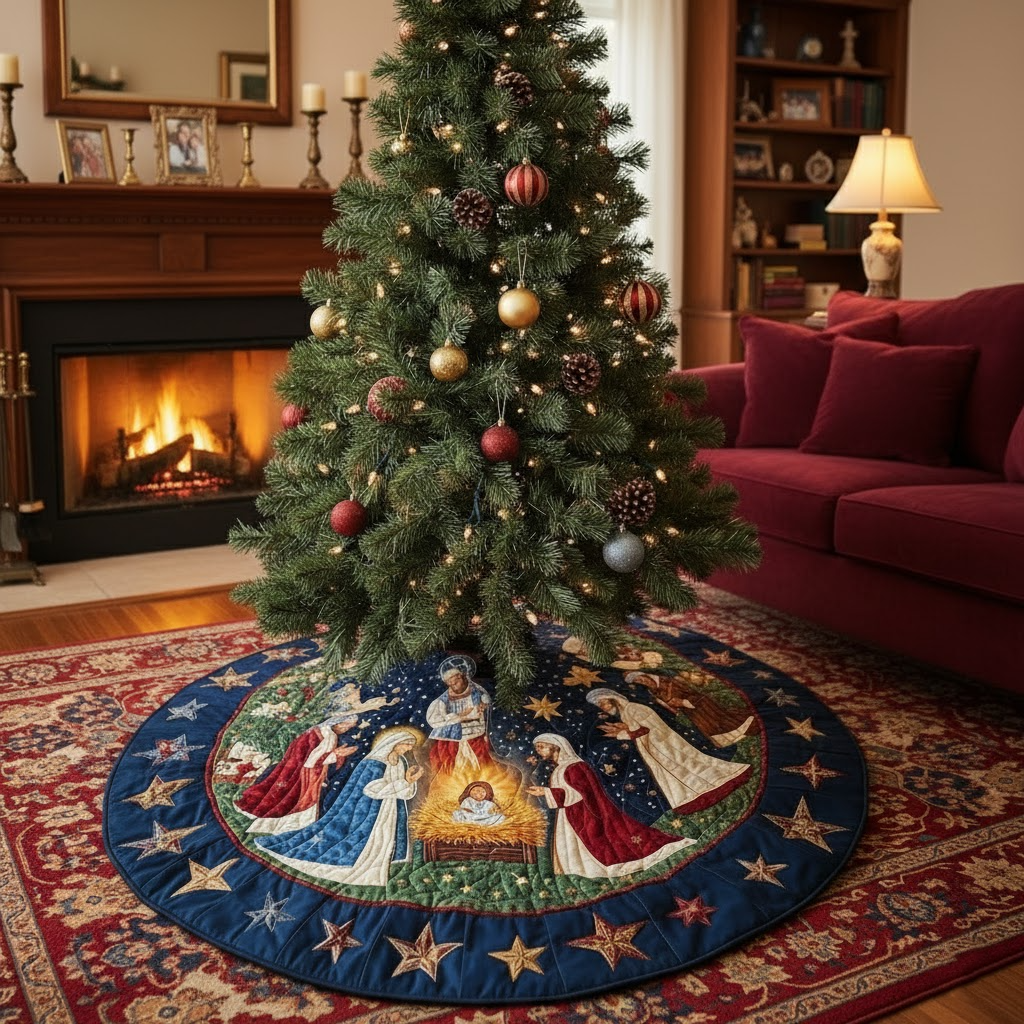 Bethlehem Peace Christmas Quilted Tree Skirt-Myprintsy