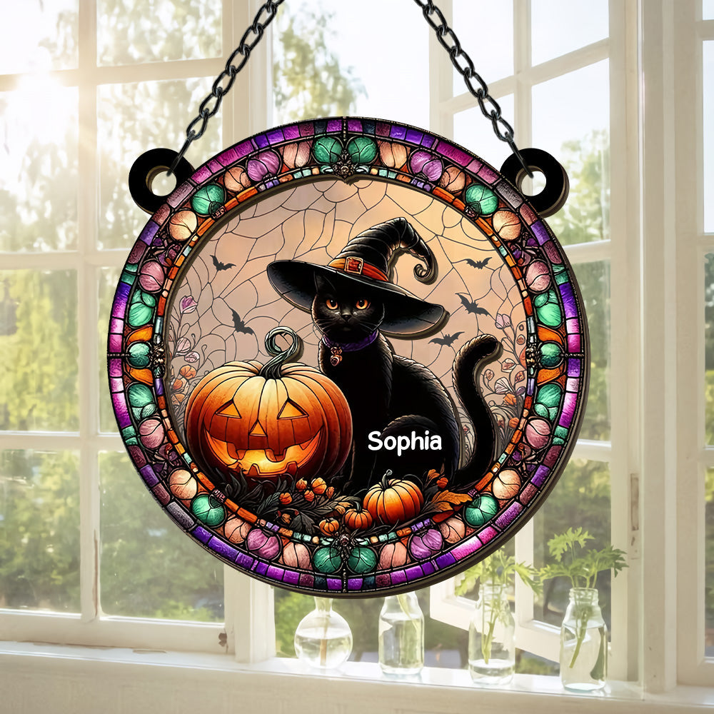 Black Cat And Pumpkin - Personalized Window Hanging Suncatcher-Myprintsy