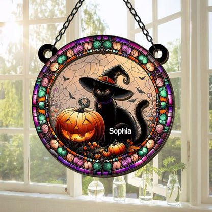 Black Cat And Pumpkin - Personalized Window Hanging Suncatcher-Myprintsy