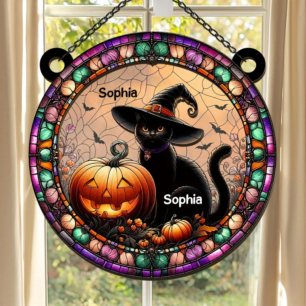 Black Cat And Pumpkin - Personalized Window Hanging Suncatcher-Myprintsy