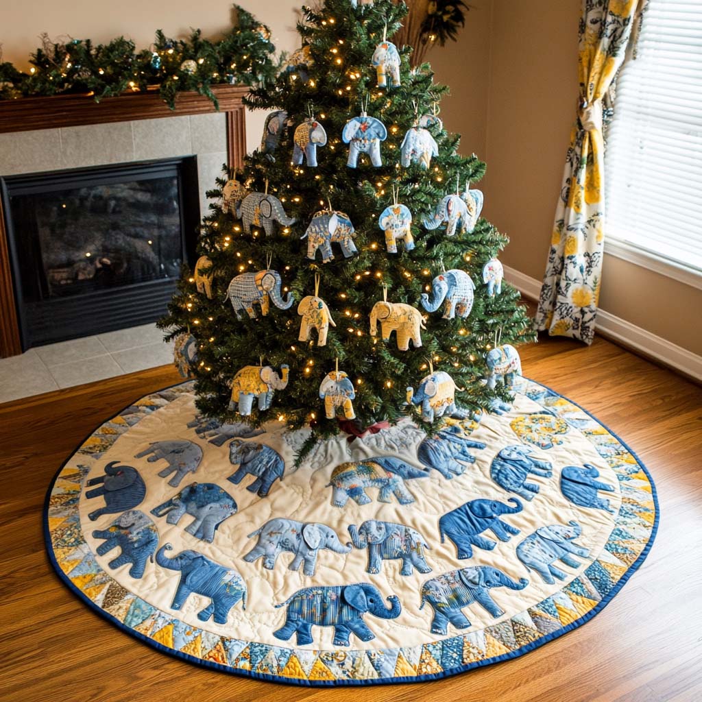 Blue Elephants Christmas Quilted Tree Skirt-Myprintsy