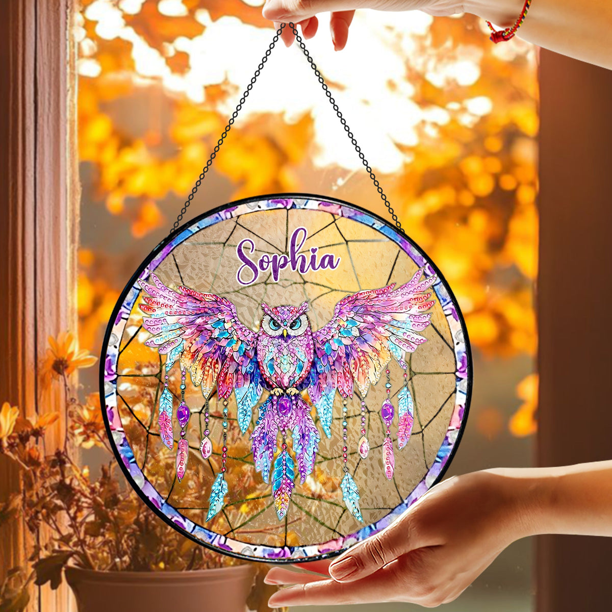 Boho-Chic Owl Dreamcatcher - Personalized Stained Glass Window Hanging Suncatcher-Myprintsy