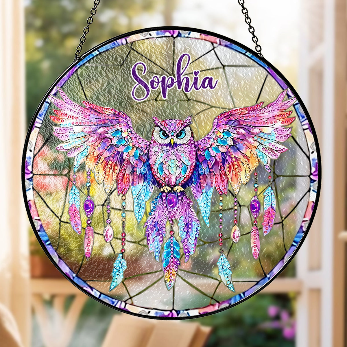 Boho-Chic Owl Dreamcatcher - Personalized Stained Glass Window Hanging Suncatcher-Myprintsy