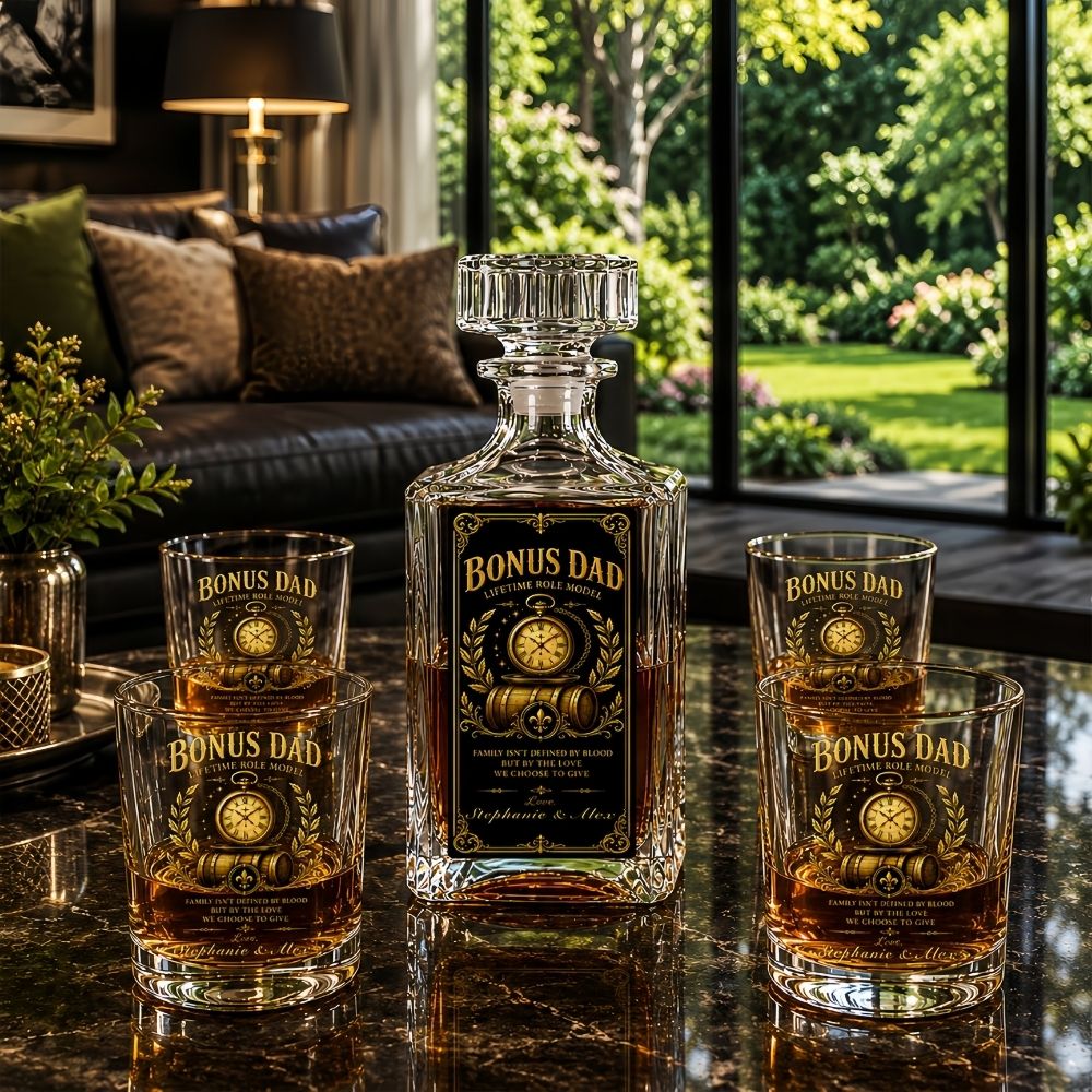 Bonus Dad - Personalized Father's Day Combo Whiskey Glass + Decanter, Father Day Gifts for Step Dad Bonus Dad-Myprintsy