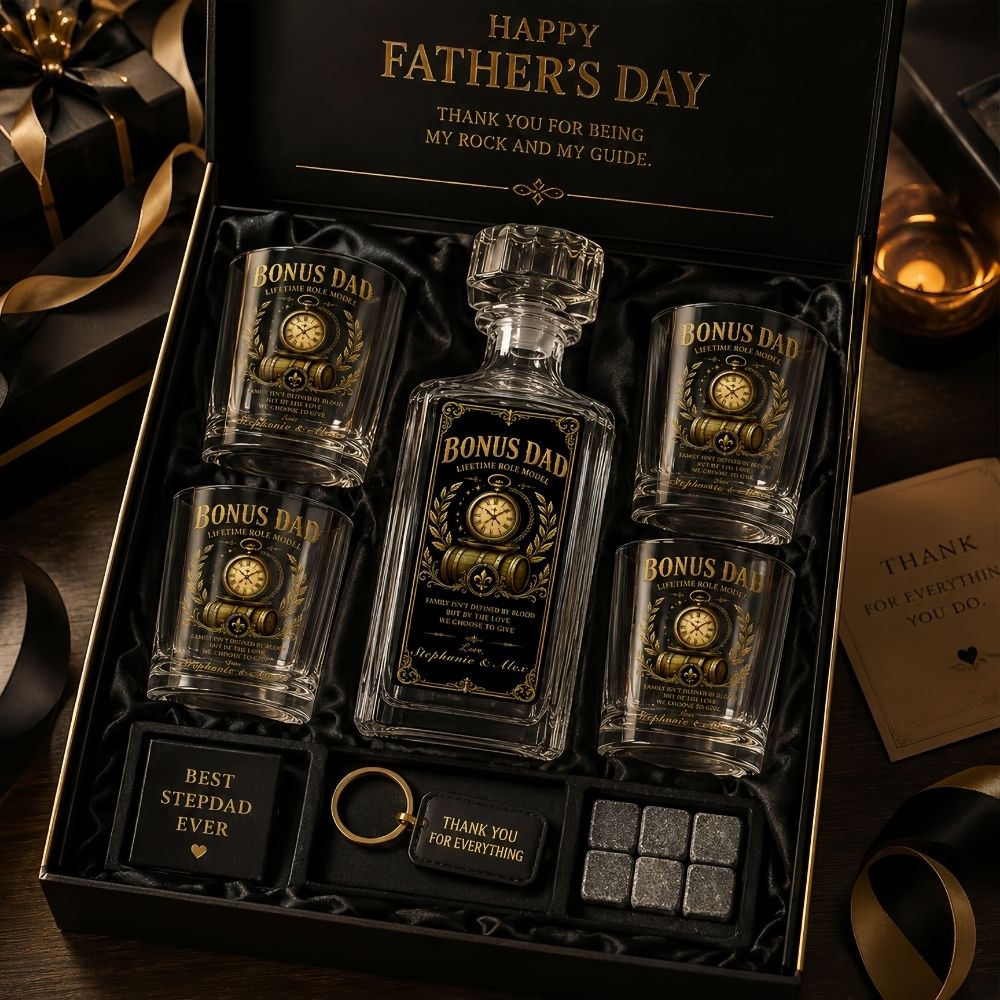 Bonus Dad - Personalized Father's Day Combo Whiskey Glass + Decanter, Father Day Gifts for Step Dad Bonus Dad-Myprintsy