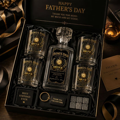 Bonus Dad - Personalized Father's Day Combo Whiskey Glass + Decanter, Father Day Gifts for Step Dad Bonus Dad-Myprintsy