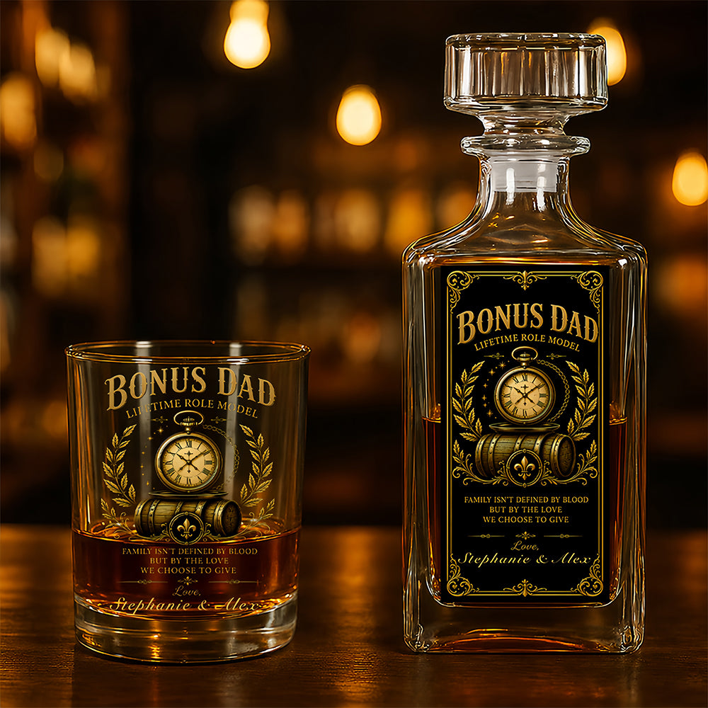 Bonus Dad - Personalized Father's Day Combo Whiskey Glass + Decanter, Father Day Gifts for Step Dad Bonus Dad-Myprintsy