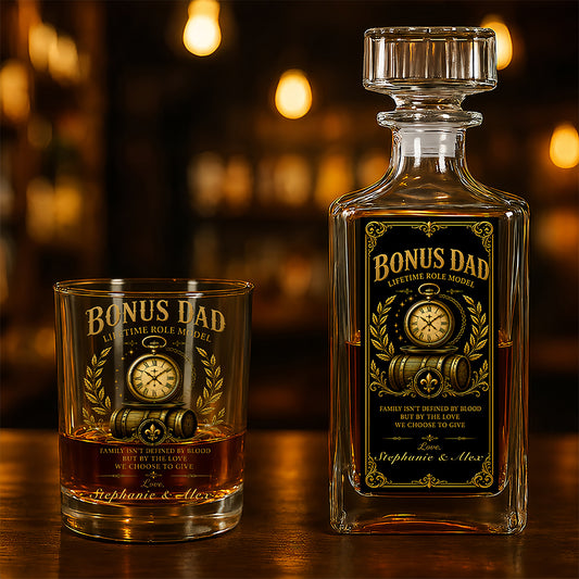Bonus Dad - Personalized Father's Day Combo Whiskey Glass + Decanter, Father Day Gifts for Step Dad Bonus Dad-Myprintsy