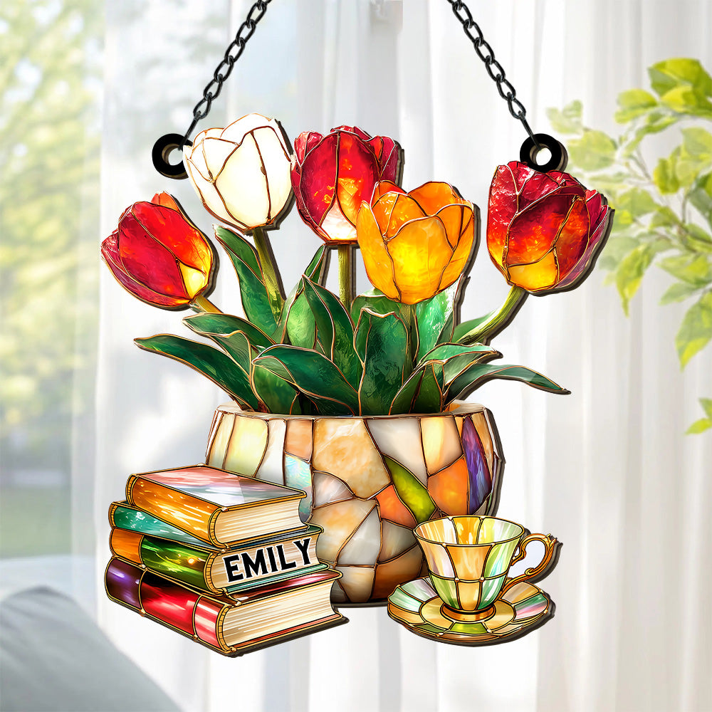 Book Pile and Elegant Tea - Personalized Window Hanging Suncatcher, Custom Gift for Daughter, Mother Daughter Gifts, Unique Gifts for Book Lover-Myprintsy