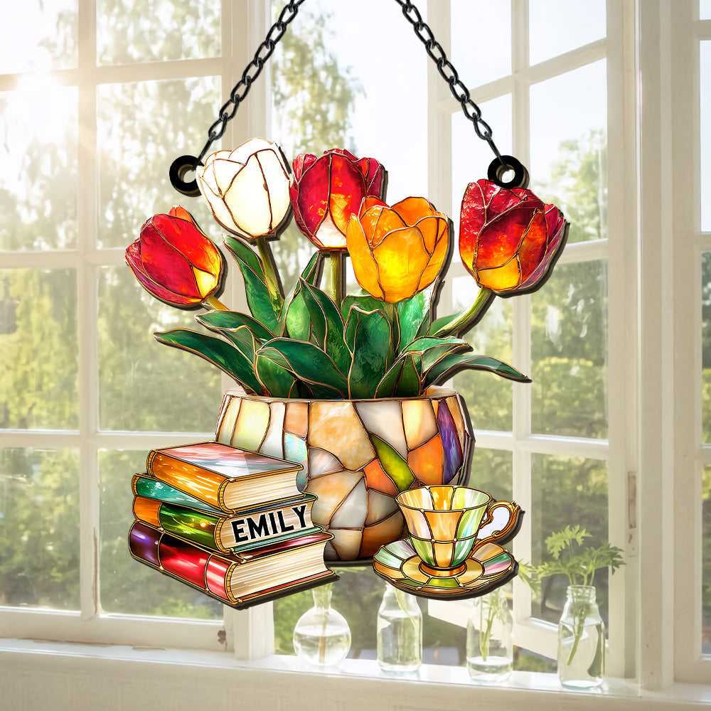 Book Pile and Elegant Tea - Personalized Window Hanging Suncatcher, Custom Gift for Daughter, Mother Daughter Gifts, Unique Gifts for Book Lover-Myprintsy