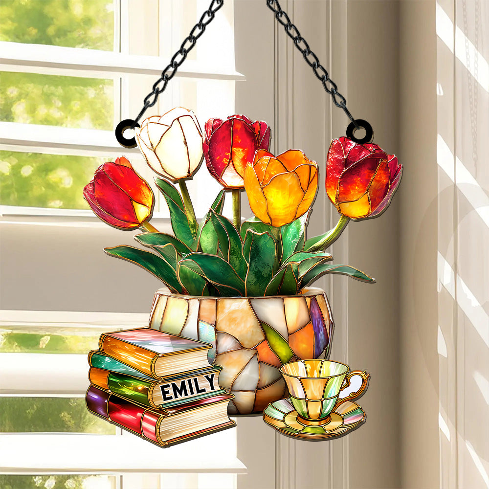 Book Pile and Elegant Tea - Personalized Window Hanging Suncatcher, Custom Gift for Daughter, Mother Daughter Gifts, Unique Gifts for Book Lover-Myprintsy