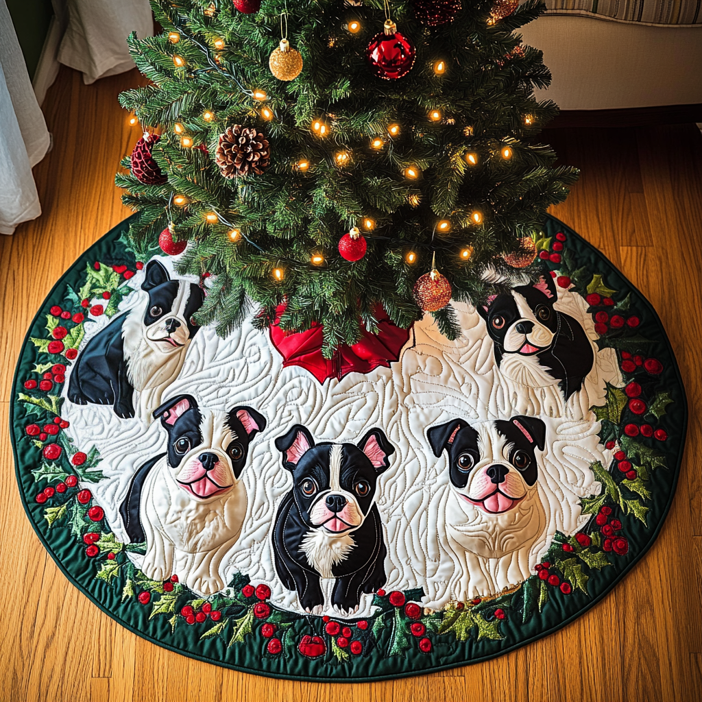 Boston Terrier Sleigh Bells Christmas Quilted Tree Skirt VTQ-Myprintsy