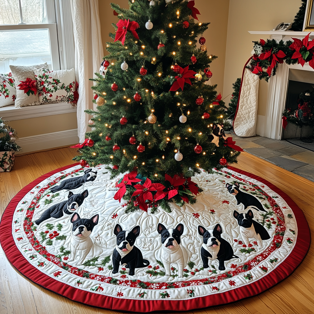 Boston Terrier Wrapped in Lights Christmas Quilted Tree Skirt VTQ-Myprintsy