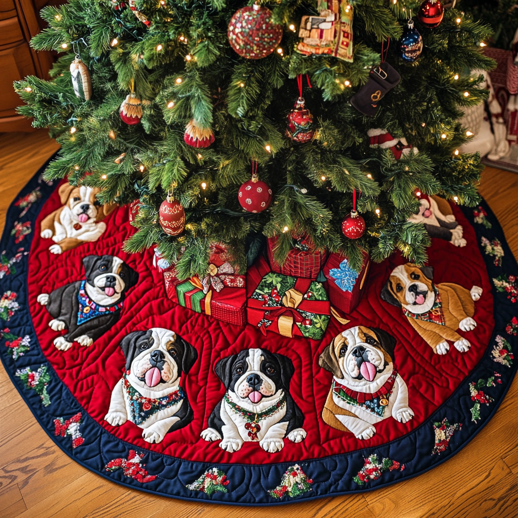 Bulldog Charm Christmas Quilted Tree Skirt-Myprintsy