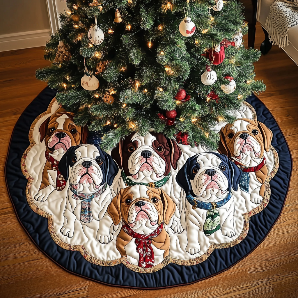 Bulldog Christmas Charm Christmas Quilted Tree Skirt-Myprintsy
