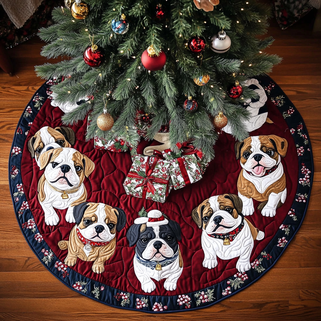 Bulldog Christmas Joy Christmas Quilted Tree Skirt-Myprintsy