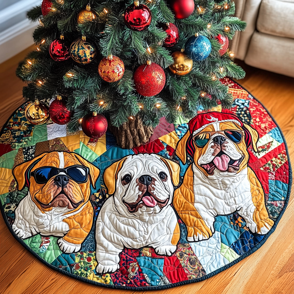 Bulldog Christmas Lit Christmas Quilted Tree Skirt-Myprintsy
