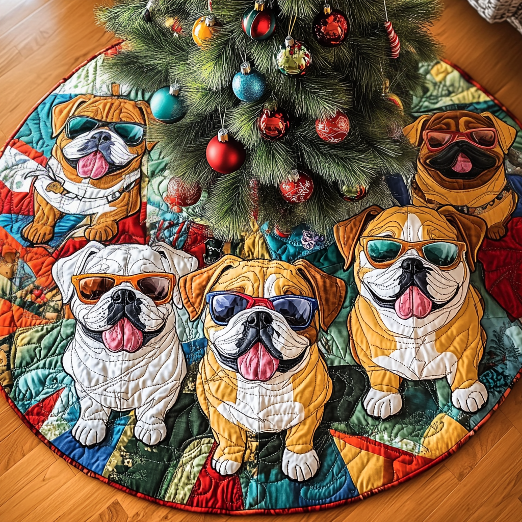 Bulldog Festive Adventure Christmas Quilted Tree Skirt-Myprintsy