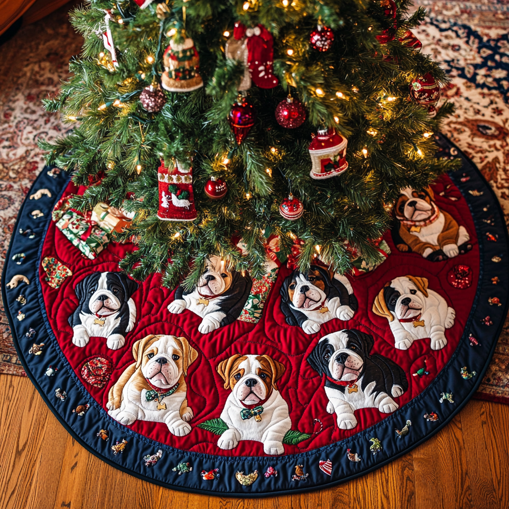 Bulldog Holiday Joy Christmas Quilted Tree Skirt-Myprintsy
