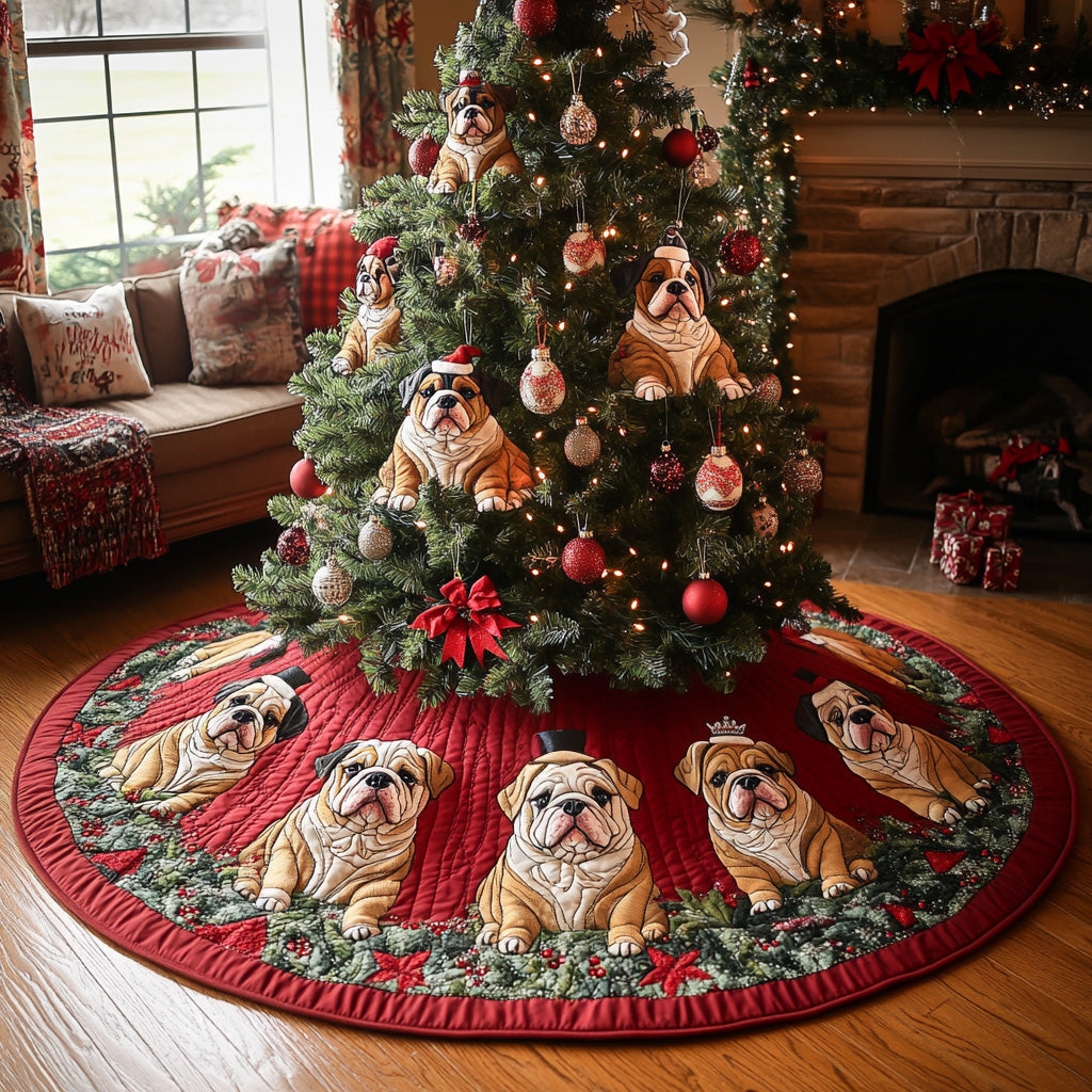 Bulldog Holly Nights Quilted Christmas Tree Skirt-Myprintsy