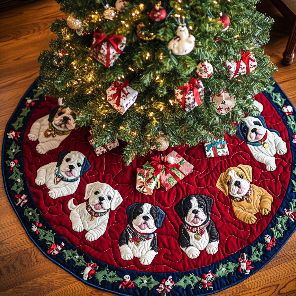 Bulldog Joy Christmas Quilted Tree Skirt-Myprintsy