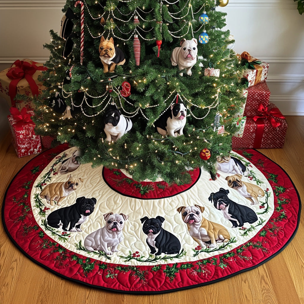 Bulldog Snowy Wishes Quilted Christmas Tree Skirt VTQ-Myprintsy