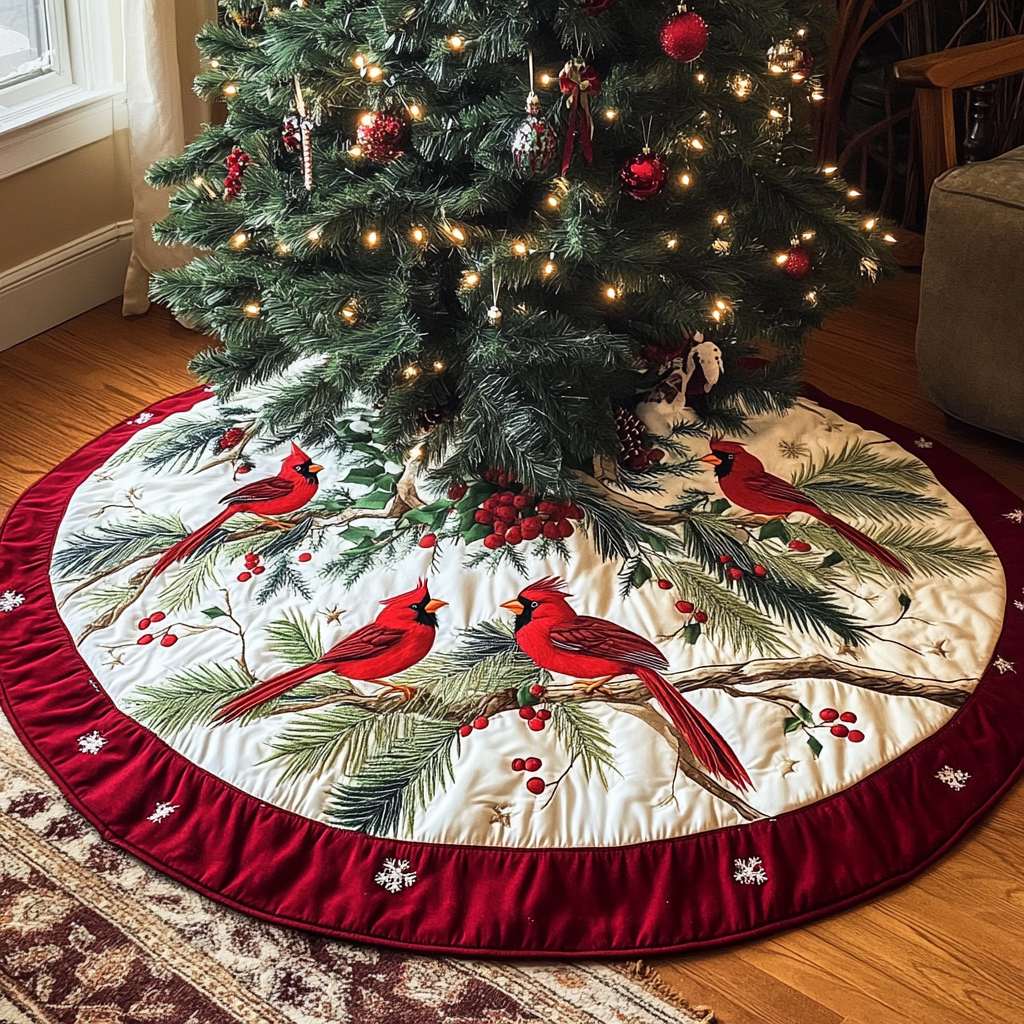 Cardinal Berry Christmas Quilted Tree Skirt VH VTQ-Myprintsy