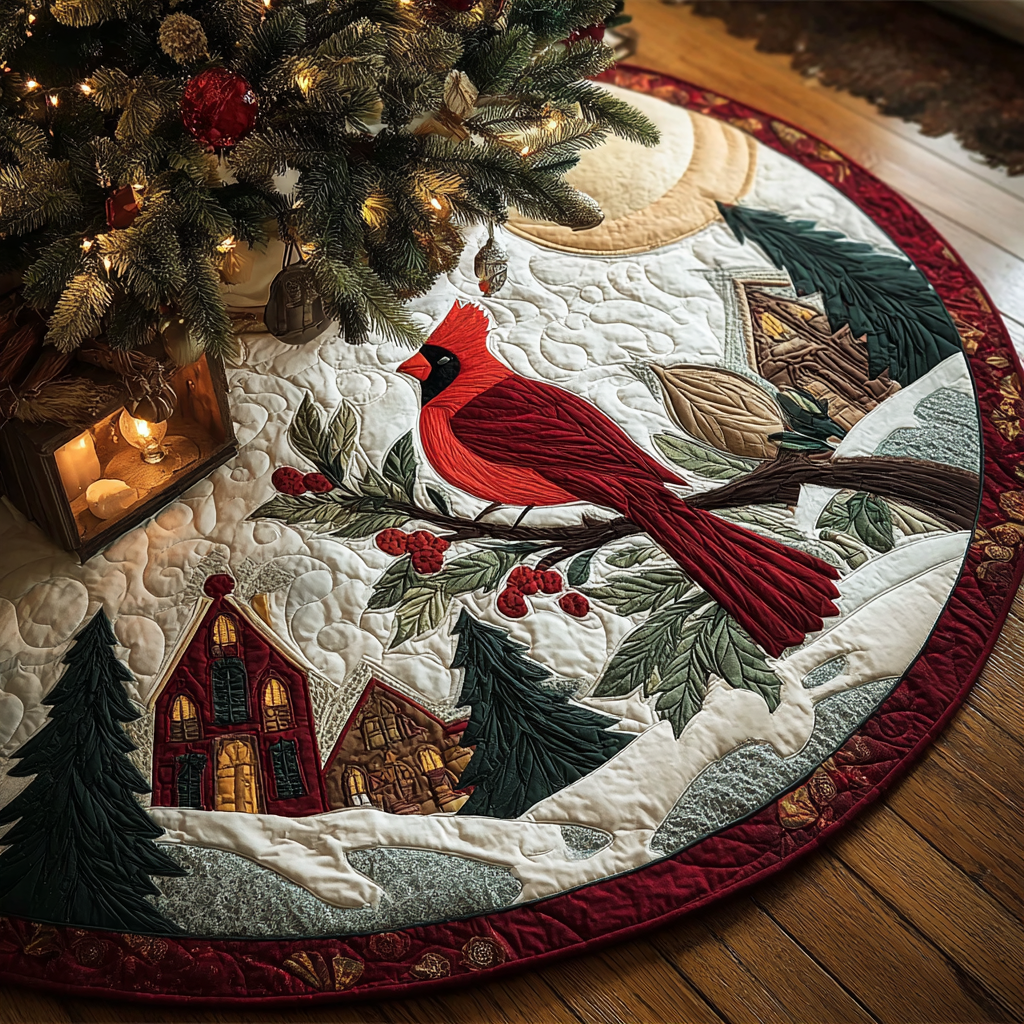 Cardinal Bloom Christmas Quilted Tree Skirt-Myprintsy